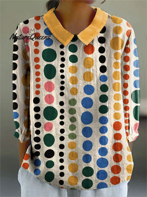 Women's Simple Color Block Dot Art Print Casual Cotton And Linen 3/4 Sleeve Shirt