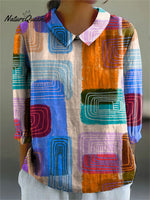 Women's Simple Color Block Art Print Casual Cotton And Linen 3/4 Sleeve Shirt