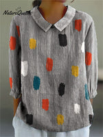 Women's Vintage Line Art Print Casual Cotton And Linen 3/4 Sleeve Shirt