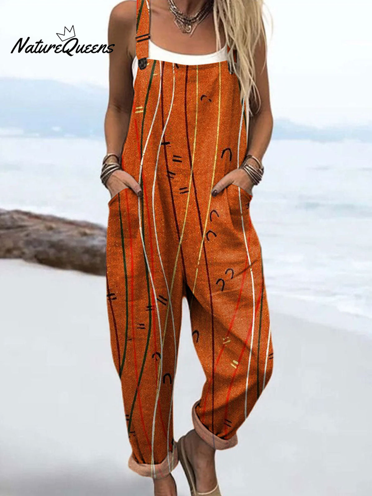 Women's Vintage Line Art Print Casual 100% Cotton Wide Leg Jumpsuit