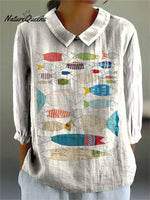 Women's Simple Fish Art Print Casual Cotton And Linen 3/4 Sleeve Shirt