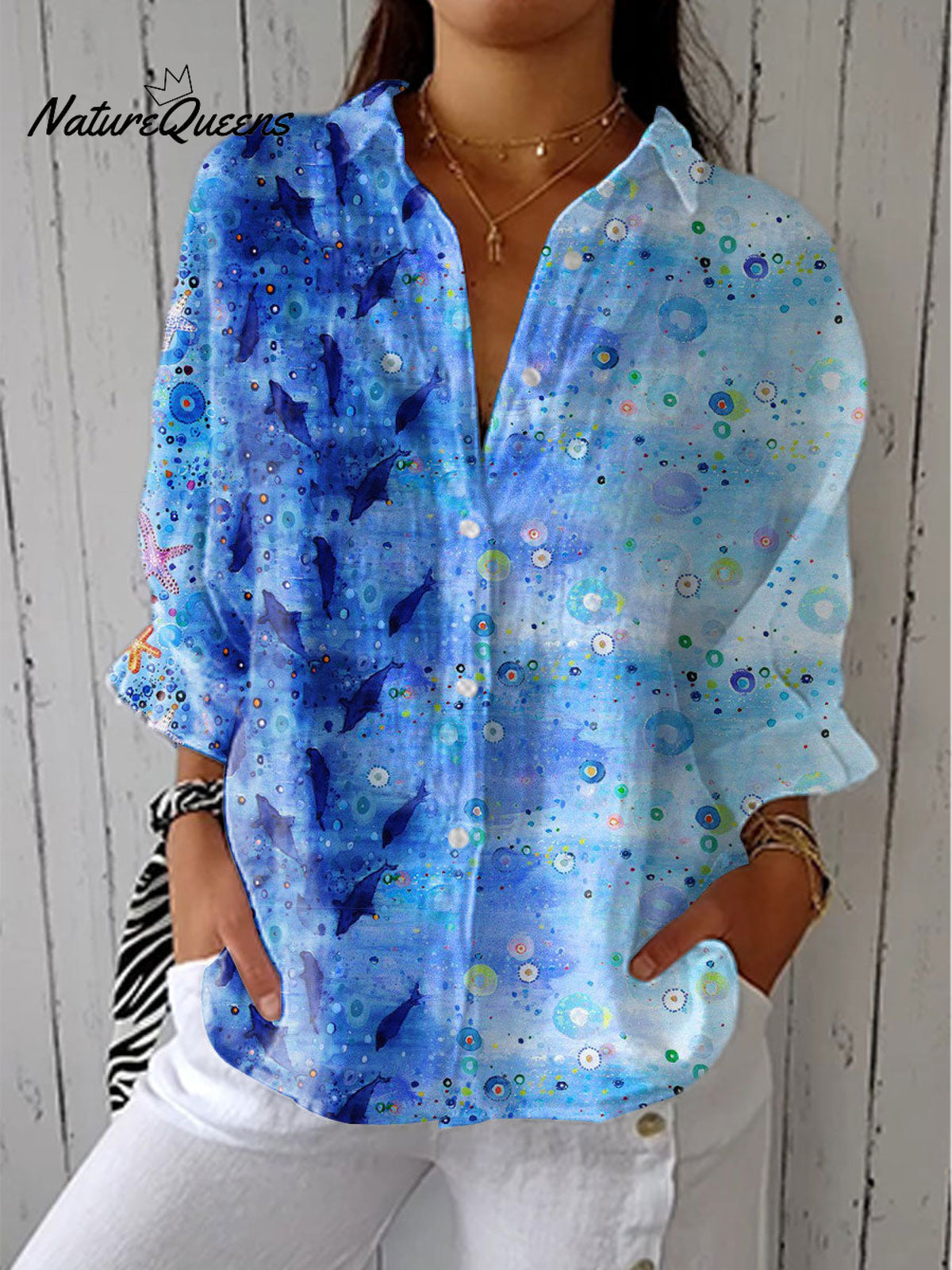 Women's Vintage Blue Ocean Art Print Casual Linen V-neck Shirt