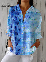 Women's Vintage Blue Ocean Art Print Casual Linen V-neck Shirt
