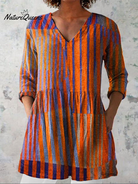 Women's Vintage Colorblock Striped Art Print Casual Linen V-neck Shirt