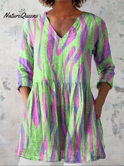 Women's Vintage Colorblock Striped Art Print Casual Linen V-neck Shirt