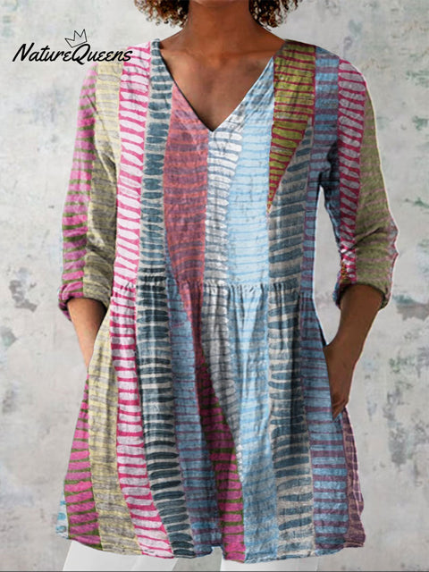 Women's Vintage Color Block Line Art Print Casual Linen V-neck Shirt