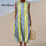 Women's Fashion Color Block Art Print Sleeveless Cotton Pocket Wrap Dress