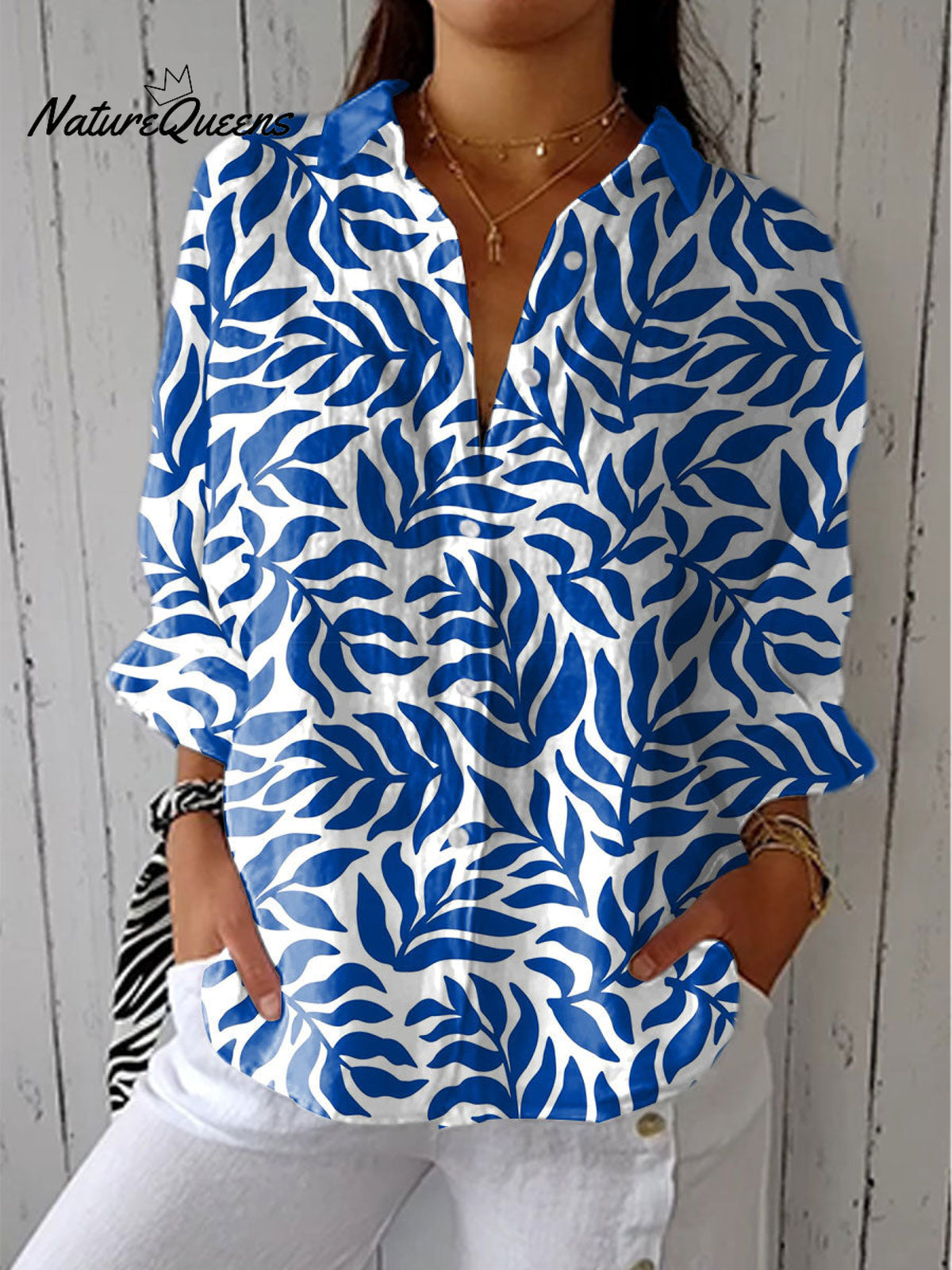 Women's Vintage Botanical Art Print Casual Linen V-neck Shirt