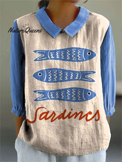 Women's Simple Sardines Art Print Casual Cotton And Linen 3/4 Sleeve Shirt