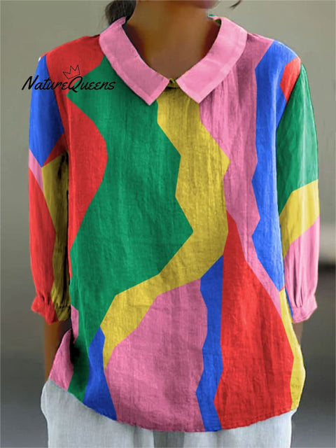 Women's Fashion Color Block Art Print Casual Cotton And Linen 3/4 Sleeve Shirt