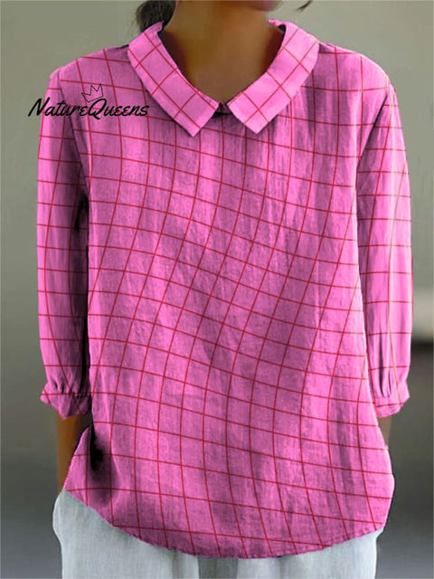 Women's Fashion Color Block Line Art Print Casual Cotton And Linen 3/4 Sleeve Shirt