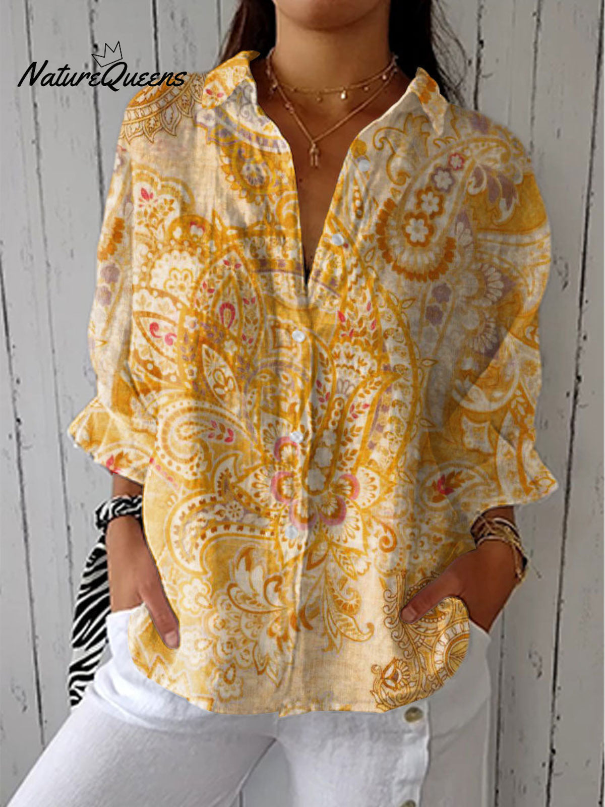 Women's Vintage Paisley Art Print Casual Linen V-neck Shirt