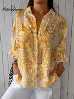 Women's Vintage Paisley Art Print Casual Linen V-neck Shirt