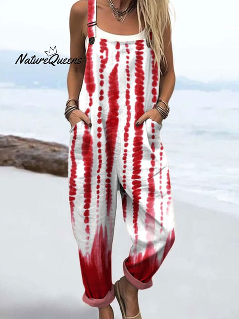 Women's Color Block Line Art Print Casual 100% Cotton Wide Leg Jumpsuit