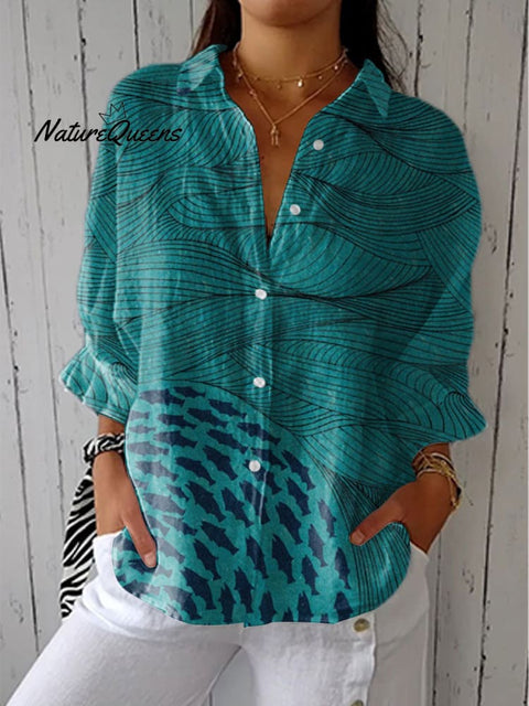 Women's Ocean and Fish Art Print Casual Linen V-neck Shirt