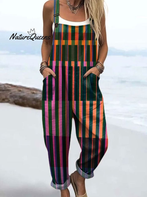 Women's Color Block Line Art Print Casual 100% Cotton Wide Leg Jumpsuit