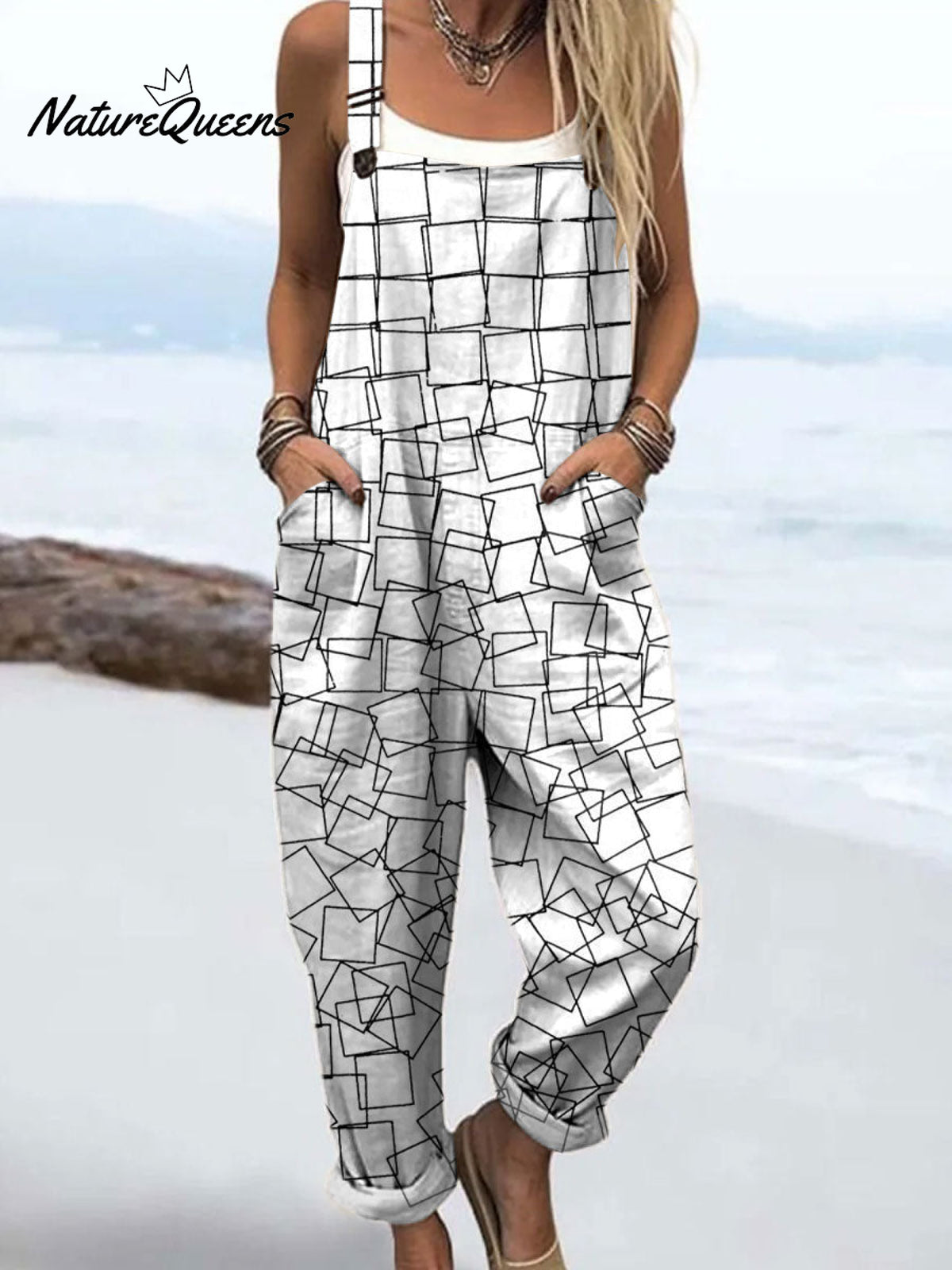Women's Simple Square Art Print Casual 100% Cotton Wide Leg Jumpsuit