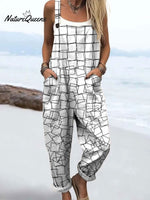 Women's Simple Square Art Print Casual 100% Cotton Wide Leg Jumpsuit