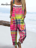 Women's Color Block Line Art Print Casual 100% Cotton Wide Leg Jumpsuit