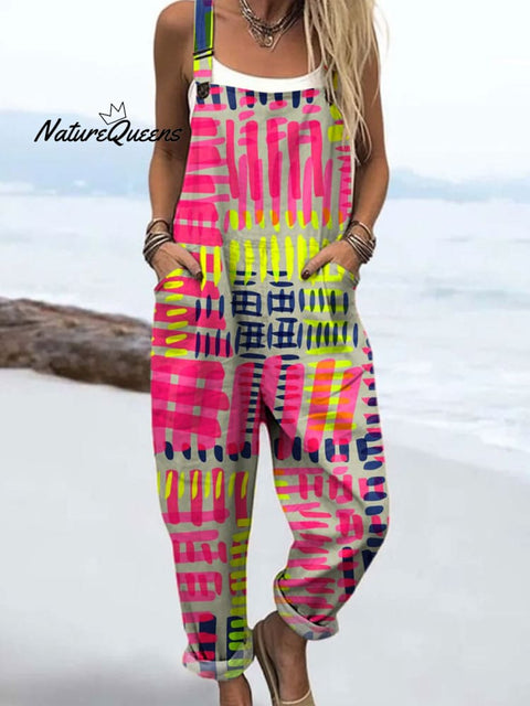 Women's Color Block Line Art Print Casual 100% Cotton Wide Leg Jumpsuit