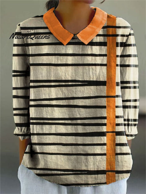 Women's Colorblock Line Art Print Casual Cotton And Linen 3/4 Sleeve Shirt