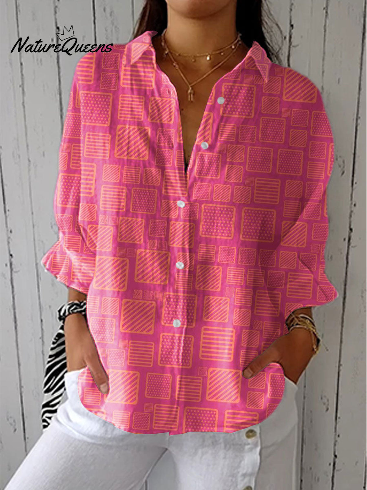 Women's Fashion Color Block Art Print Casual Linen V-neck Shirt