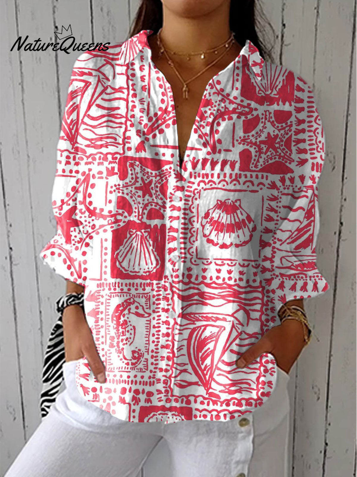 Women's Vintage Shell and Starfish Art Print Casual Linen V-neck Shirt