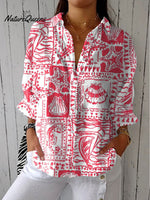 Women's Vintage Shell and Starfish Art Print Casual Linen V-neck Shirt