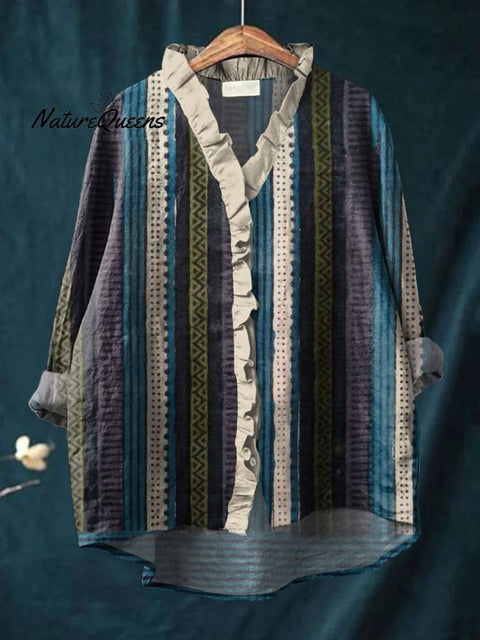 Women's Fashion Line Art Print Casual Cotton And Linen Ruffle Shirt