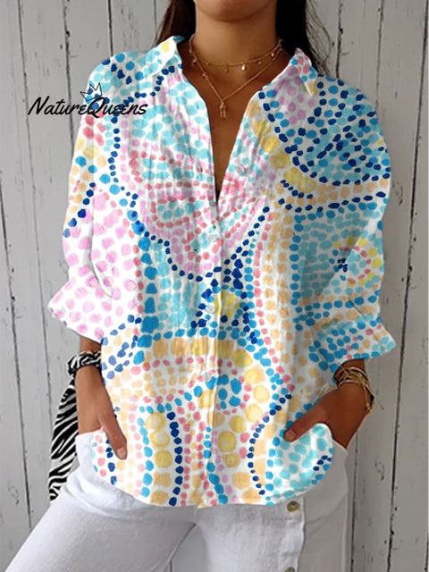 Women's Color Block Dot Art Print Casual Linen V-neck Shirt
