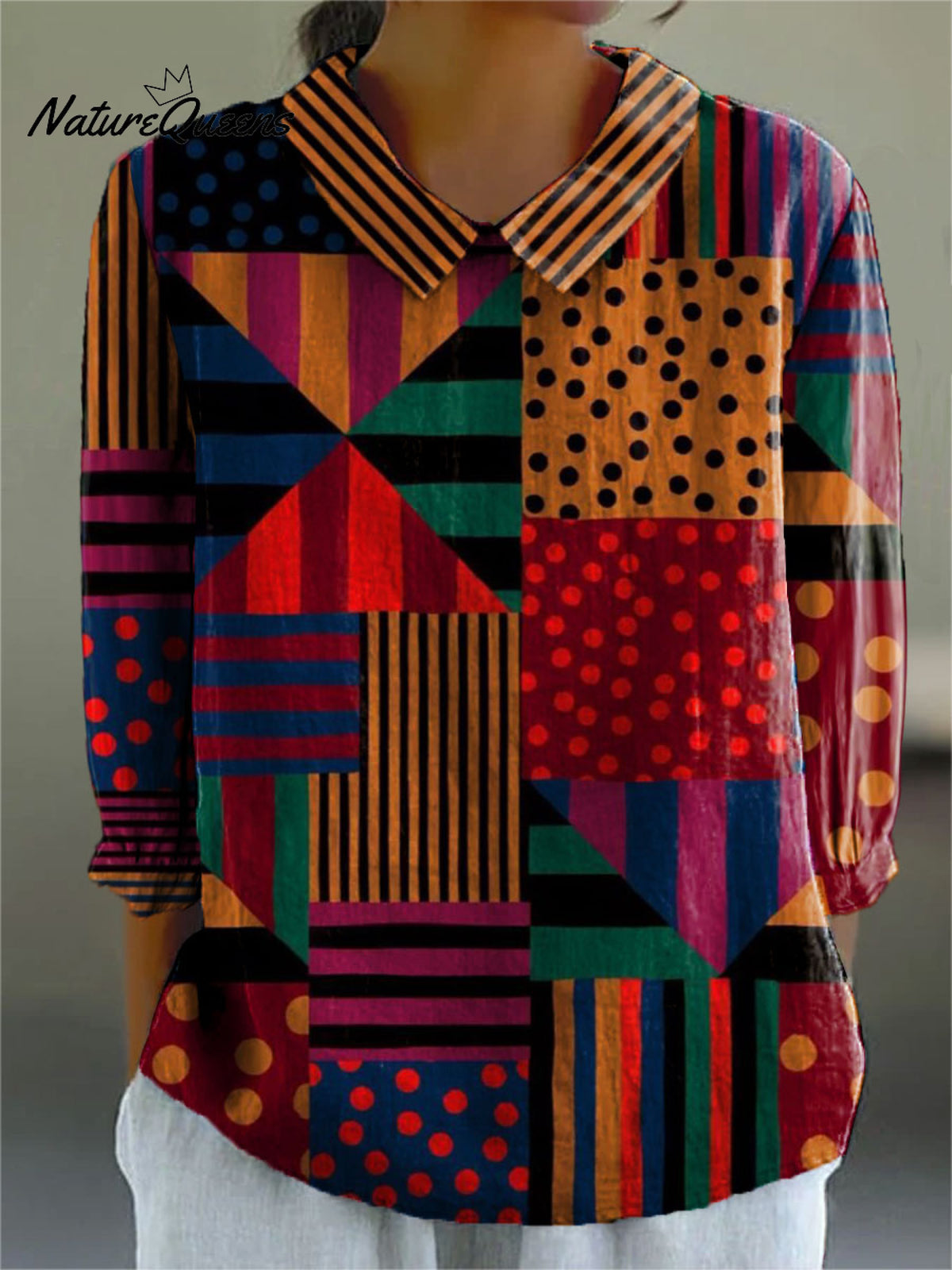 Women's Colorblock Geometric Art Print Casual Cotton And Linen 3/4 Sleeve Shirt