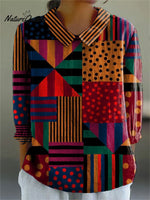 Women's Colorblock Geometric Art Print Casual Cotton And Linen 3/4 Sleeve Shirt
