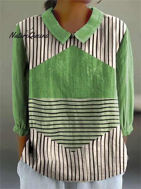 Women's Fashion Color Block Line Art Print Casual Cotton And Linen 3/4 Sleeve Shirt