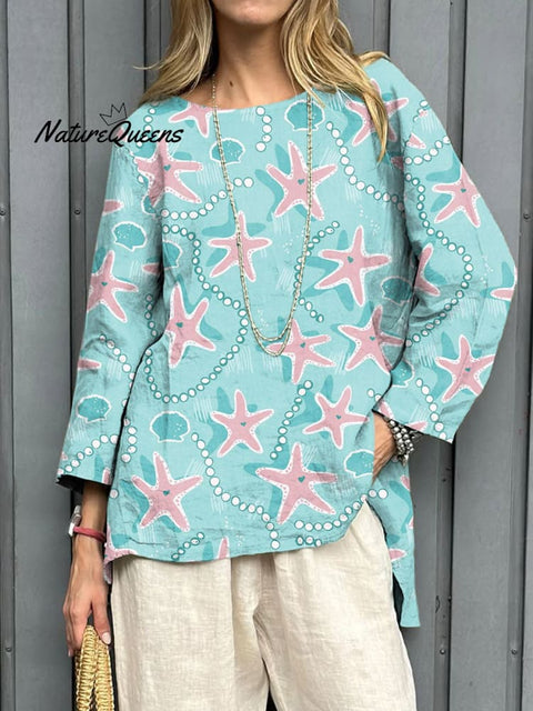 Women's Fashion Starfish Art Print Casual Linen V-neck Shirt
