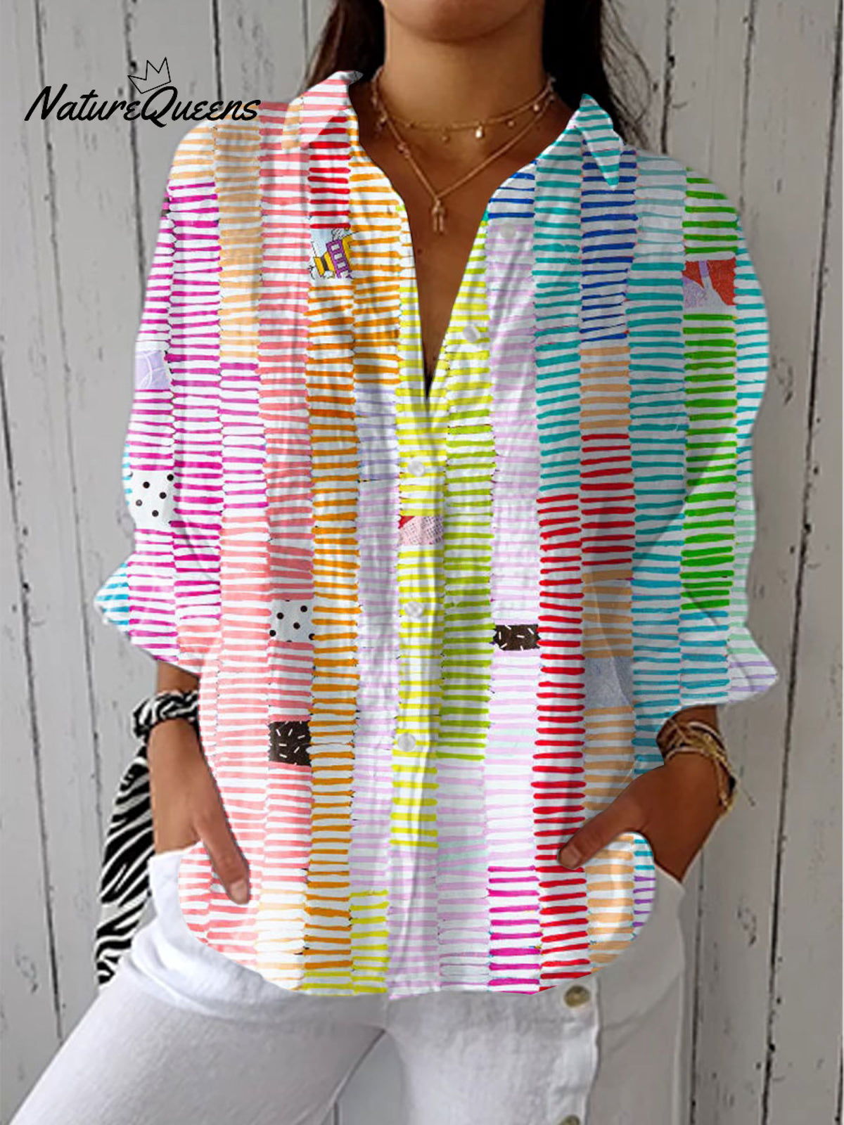 Women's Fashion Color Block Line Art Print Casual Linen V-neck Shirt