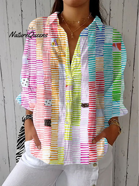 Women's Fashion Color Block Line Art Print Casual Linen V-neck Shirt