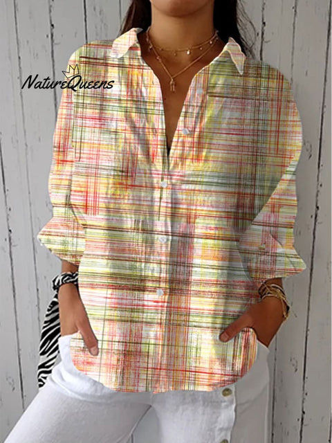 Women's Fashion Color Block Line Art Print Casual Linen V-neck Shirt