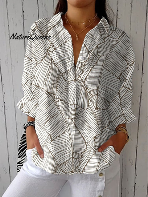 Women's Fashion Leaf Art Print Casual Linen V-neck Shirt