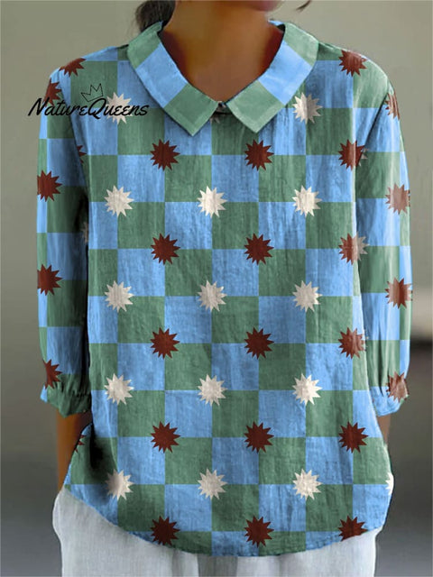 Women's Fashion Color Block Geometric Art Print Casual Cotton And Linen 3/4 Sleeve Shirt