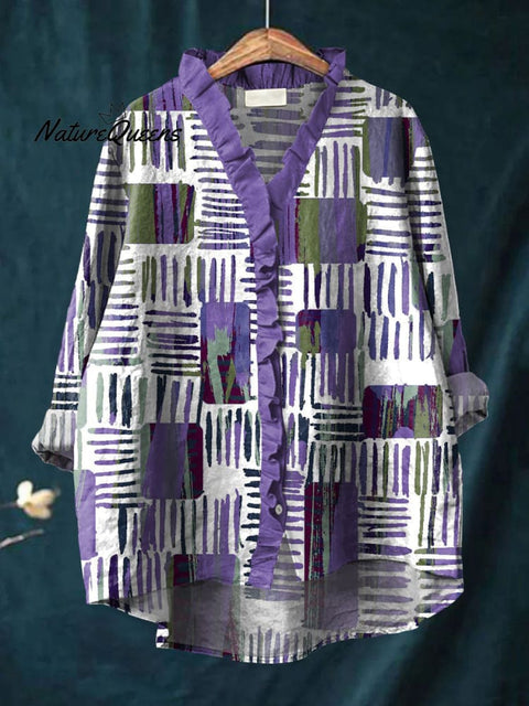 Women's Fashion Color Block Art Print Casual Cotton And Linen Ruffle Shirt