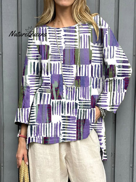 Women's Fashion Color Block Art Print Casual Cotton And Linen Shirt