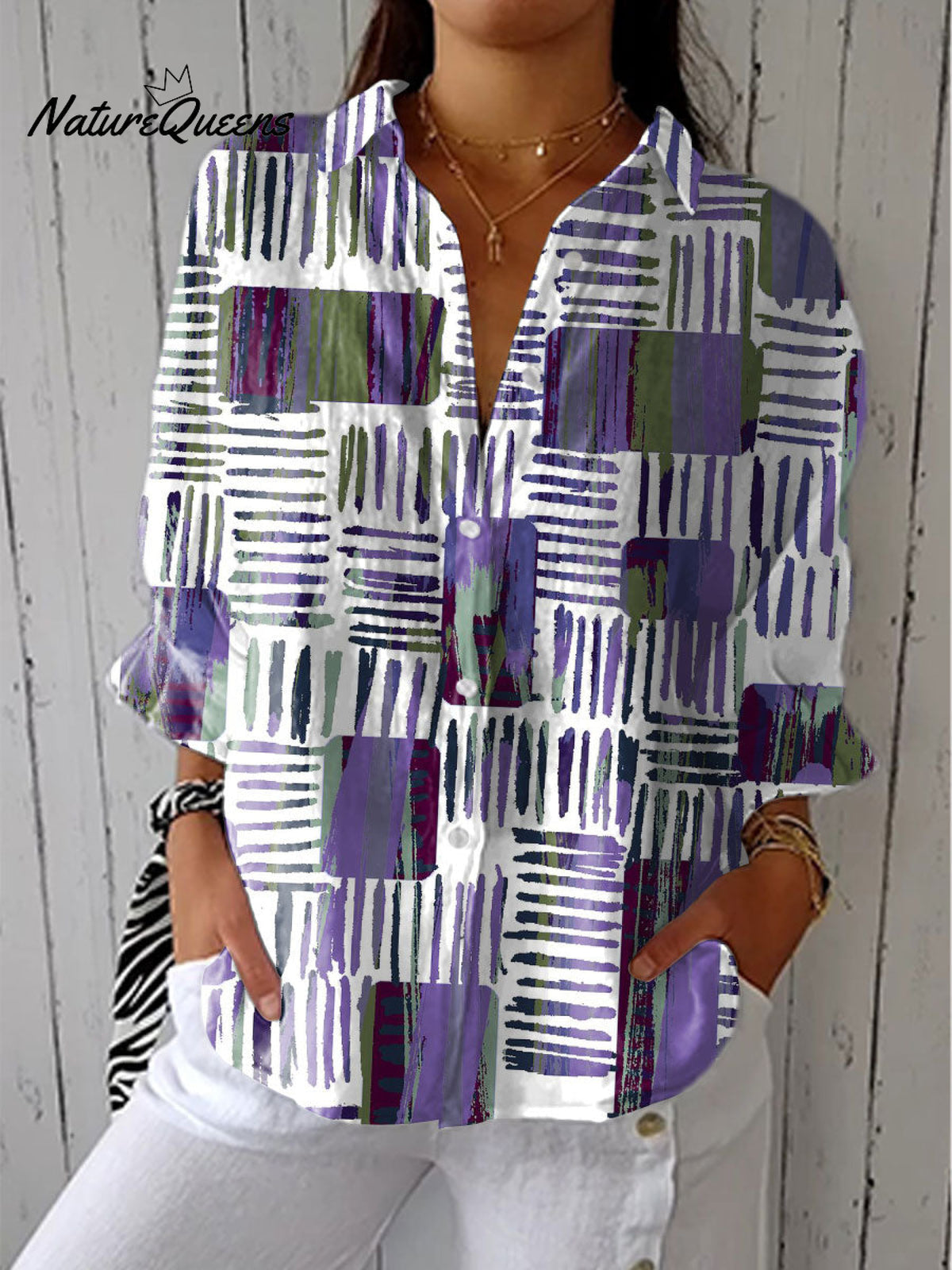 Women's Fashion Color Block Art Print Casual Linen V-neck Shirt