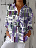 Women's Fashion Color Block Art Print Casual Linen V-neck Shirt