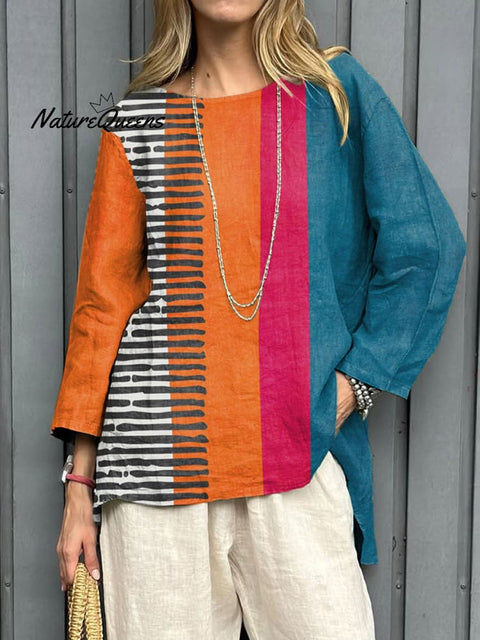 Women's Fashion Color Block Art Print Casual Cotton And Linen Shirt