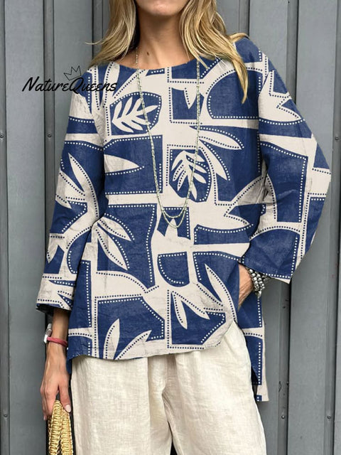 Women's Color Block Botanical Art Print Casual Cotton And Linen Shirt