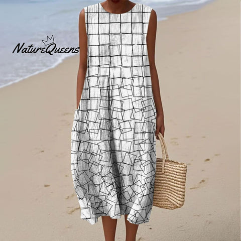 Women's Simple Square Art Print Sleeveless Cotton Pocket Wrap Dress