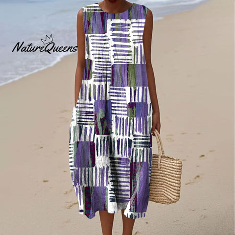 Women's Fashion Color Block Art Print Sleeveless Cotton Pocket Wrap Dress