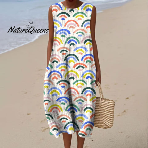 Women's Color Block Line Art Print Sleeveless Cotton Pocket Wrap Dress