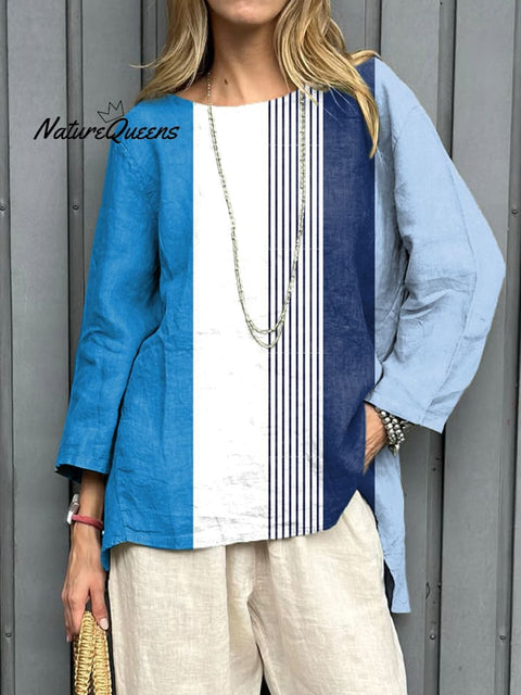 Women's Fashion Color Block Art Print Casual Cotton And Linen Shirt