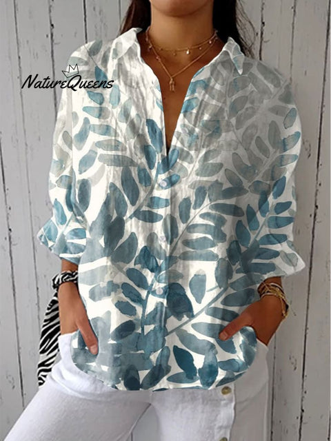 Women's Gradient Leaf Art Print Casual Linen V-neck Shirt